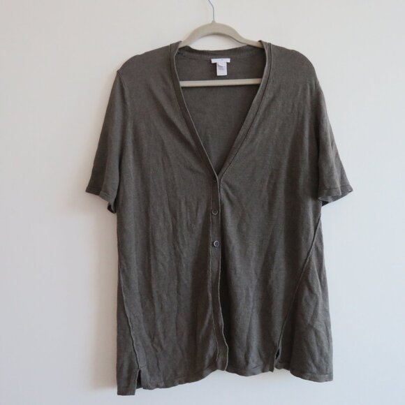 J. JILL Linen Blend Button Front Cardigan in Khaki Green Lagenlook Coastal Sz L - Picture 2 of 14